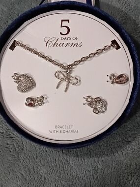 Silver Tone Charm Bracelet Set with Bow and Heart Charms - White Crystal Accents